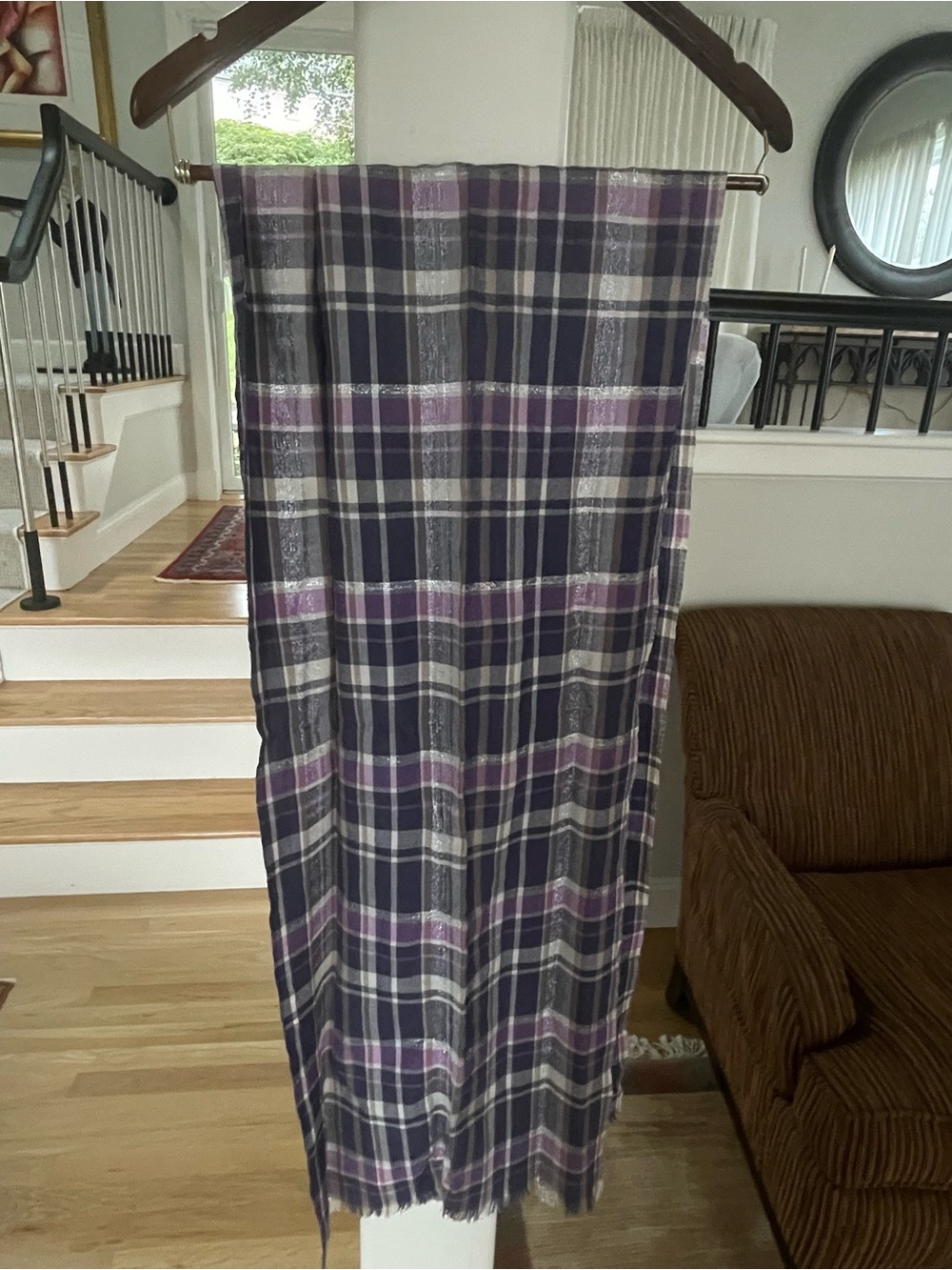 Plaid Purple, olive, subtle white & silver thin wool scarf